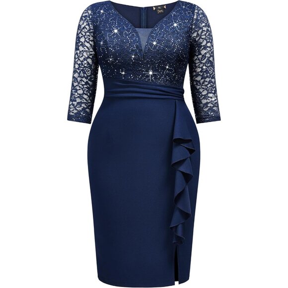 Women's Plus Size Sequin Lace V Neck Ruffle Split Hem Cocktail Dress - Picture 5 of 6